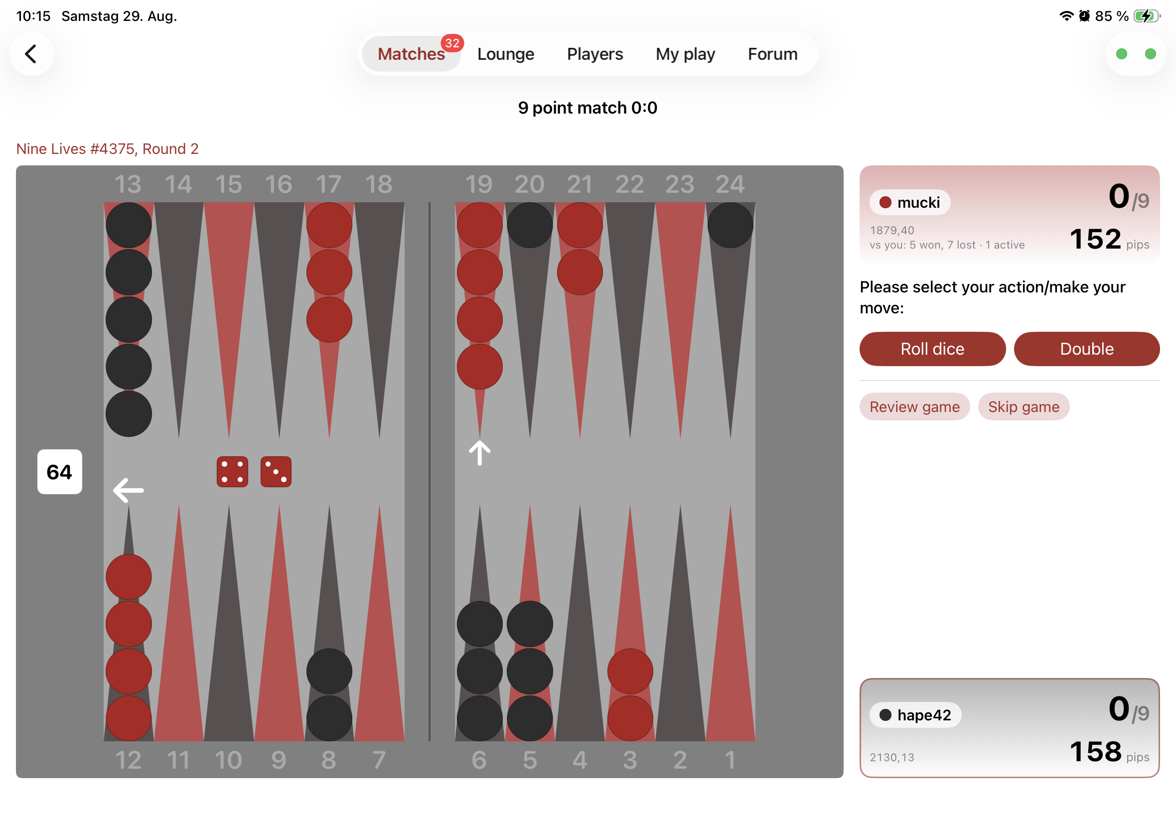 DailyGammon iPad screenshot 2